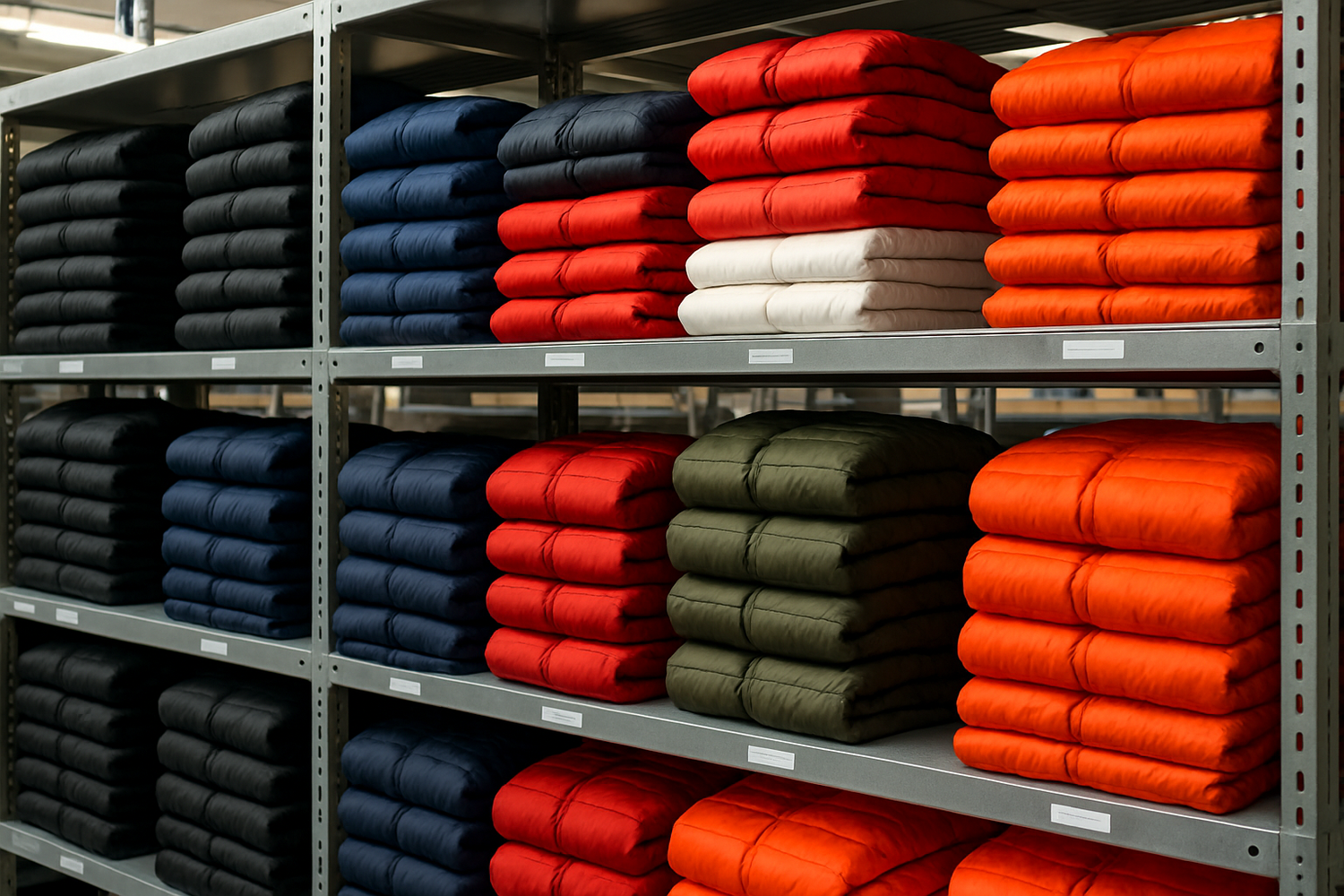 create pic of puffer jacket in warehouse just on shelfs